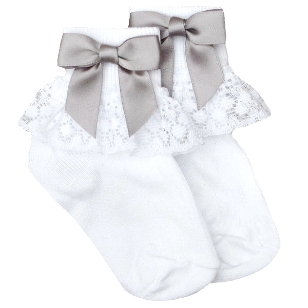 Girls White Lace Socks with Silver Satin Bows